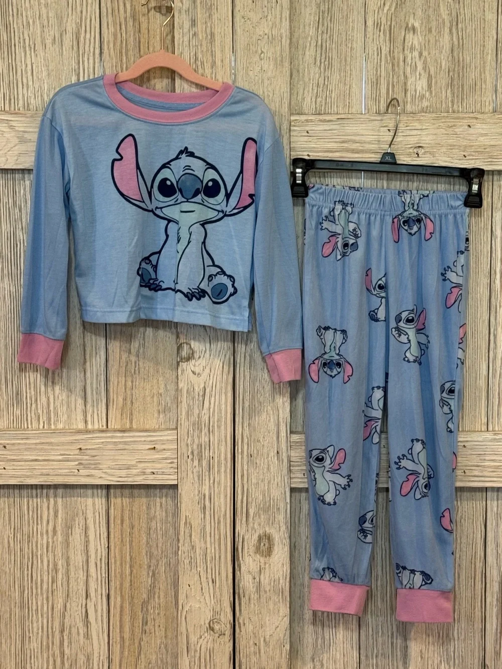 Disney Kids Blue Stitch Print Pajama Set with Pink Trim Sz 6/6X